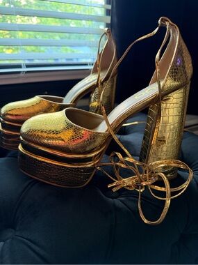 EGO Metallic Gold Platform Ankle-Tie High Heels